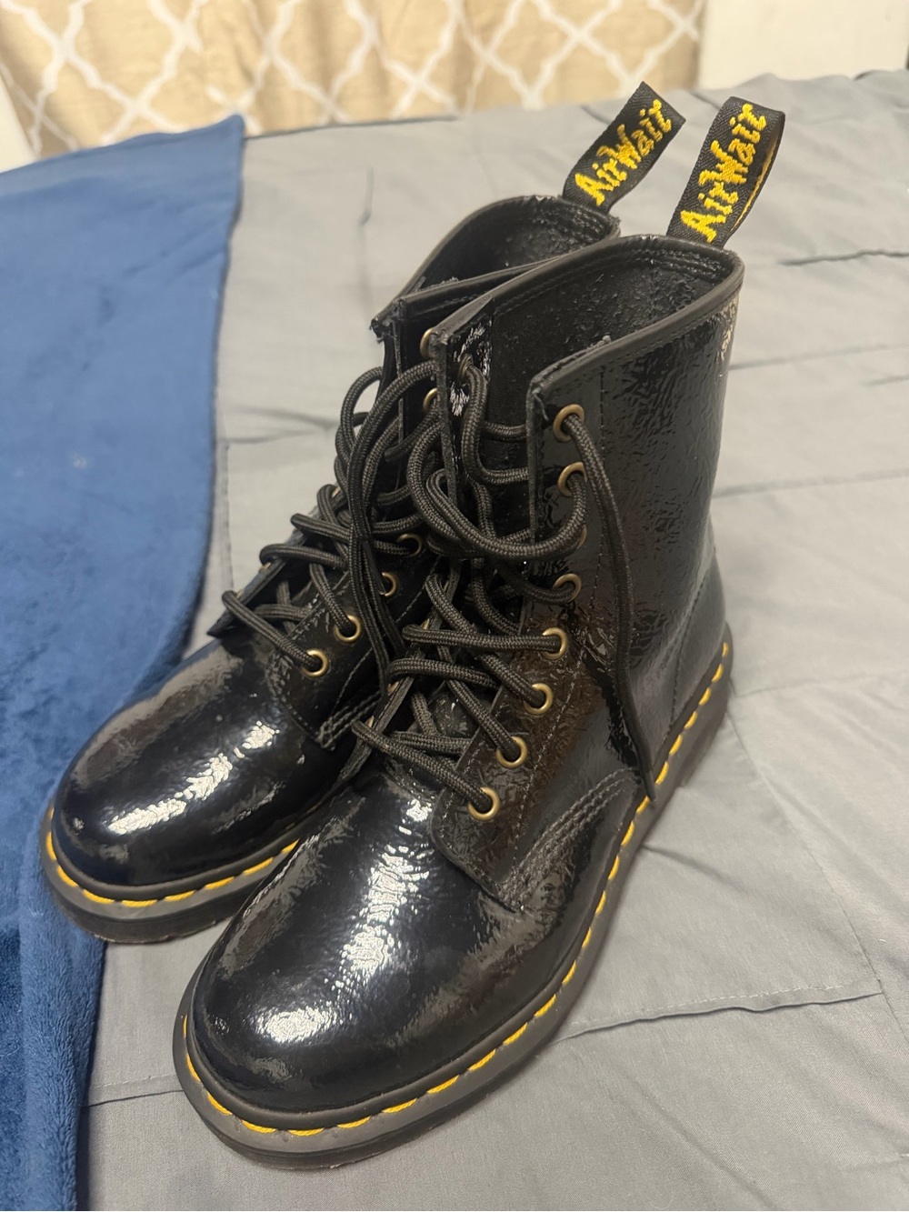 Dr. Martens Kids Black Patent Lace-Up Boots with Yellow Stitching